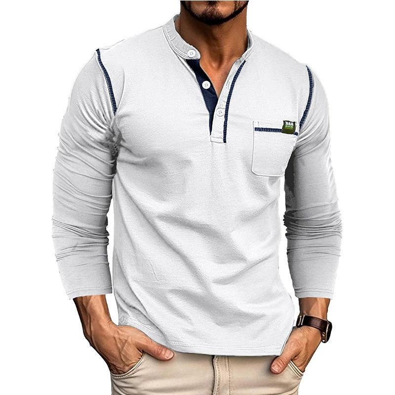 Men’s Long Sleeves Henley Shirts Cotton Pullovers Color Matching Knitted T-shirt Buttons Round Neck Breast-pocket Tops Stylish Daily Casual Menswear