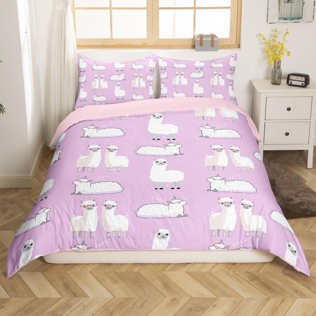 Alpacka Påslakan Queen King Size Tecknad Alpacka Sängkläder Set Lämpligt för Barn Tonårsflickor Sött Djurtryck Täckeöverdrag 3 Delar
