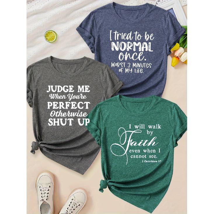 Simple Line Letter Print Round Neck Three Piece Short Sleeve Women Elegant Photo Fashion Three Seasons Set S