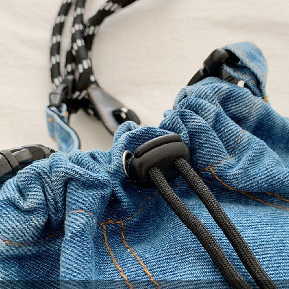 Large Capacity Drawstring Crossbody Bag Solid Color Jeans Shoulder Bag Denim Canvas Bag  Women
