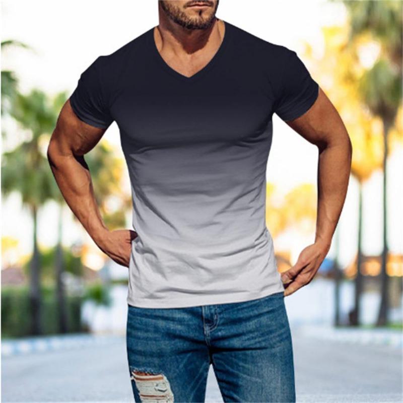 Herren Casual Sports T-Shirt Europäische und amerikanische Sommermode Revers 3D Farbverlauf Kurzarm Rundhals T-Shirt Männer