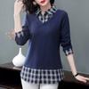 Koszula w kratę udawana dwuczęściowa bluzka z długim rękawem strój dla matki w średnim wieku wiosna i jesień plus size t-shirt damski