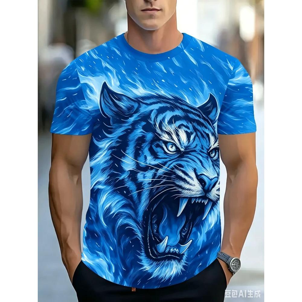 Fashion Fire Tiger Print Men T-shirt Wild Animal Graphic T Shirt Trend Cool Man Streetwear Summer Casual Crew Neck Short Sleeve