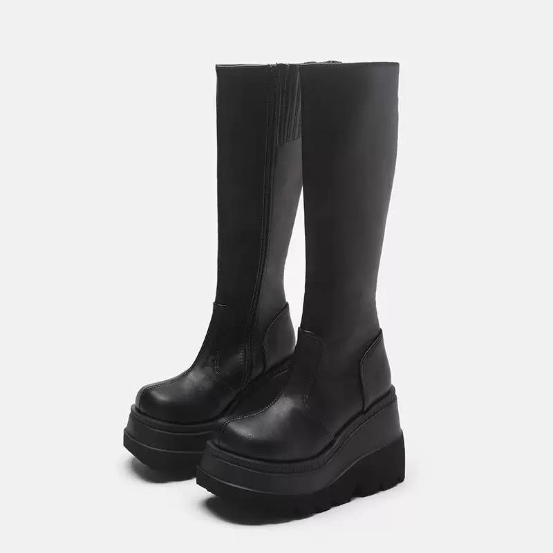 Fashion Large Size Women's Long Boots, New Thick Soled Sloping Heel Knight Boots, European and American Fashionable Slim High Boots