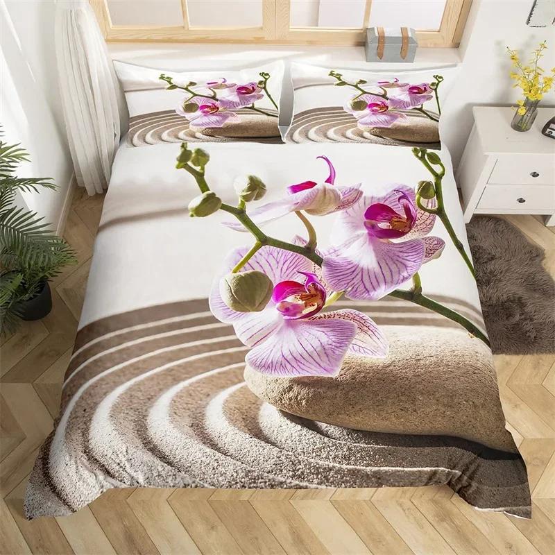 Comforter Zen Stones King Sandy Beach Bedding Set Microfiber Purple Phalaenopsis Comforter Meditation