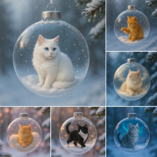 Cute Cat Christmas Ball Ornament 3D Animal Clear Plastic Ball Xmas Tree Ornaments