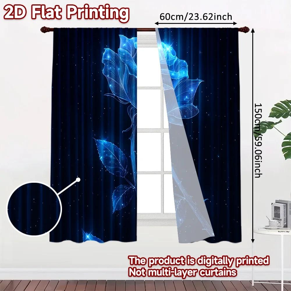 Flat Printing Curtain Cosmic Blue Rose Digital Printed Polyester Drapes Seasonal Party Holiday Decor Use Yard Set Of 2 Made Washable