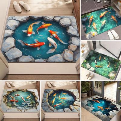 Tappeto con Illusione Ottica 3D Tappeto Area Stagno Pesci Realistico Tappetino Lavabile Stagno Pesci Rossi Tappetino Antiscivolo per Stanza dei Giochi dei Bambini Salotto Ingresso Portico