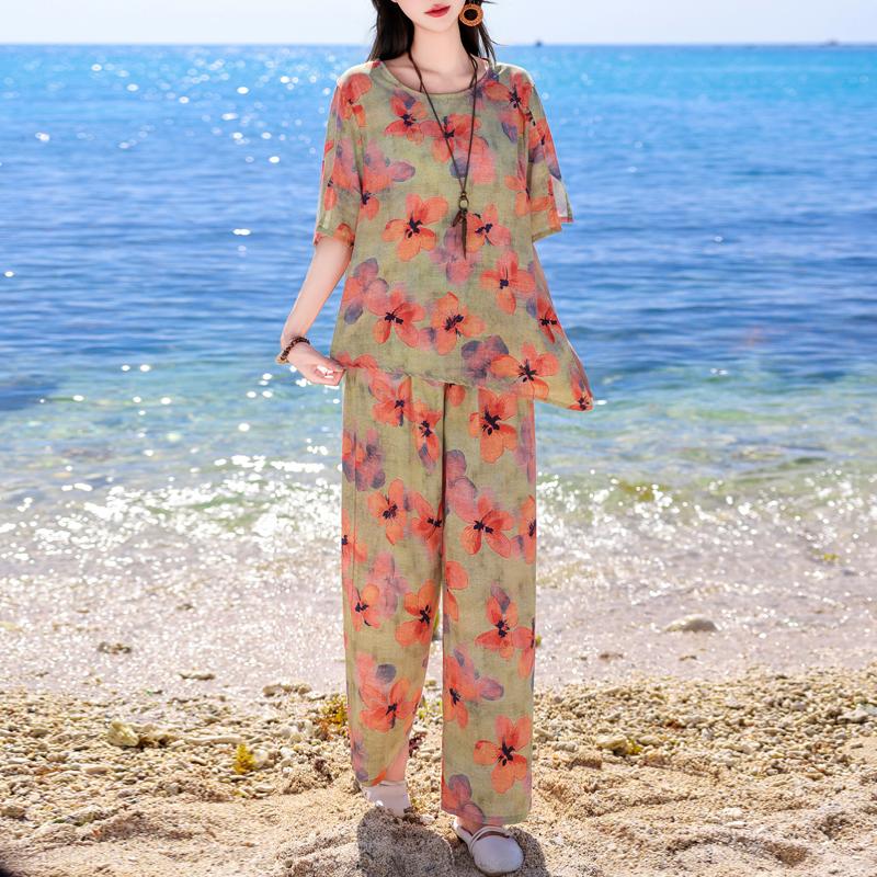 Plus Size Women's Two Pieces Set Summer Clothing Loose Casual Pants Sets