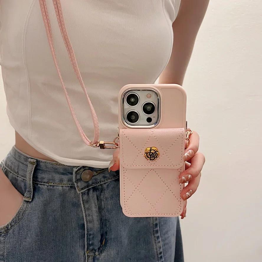 

Роскошный кожаный чехол-кроссбоди для iPhone 15 14 Plus 13 12 11 Pro Max XS XR X с ремешком, карманом-картхолдером и кошельком iPhone 15 розовый