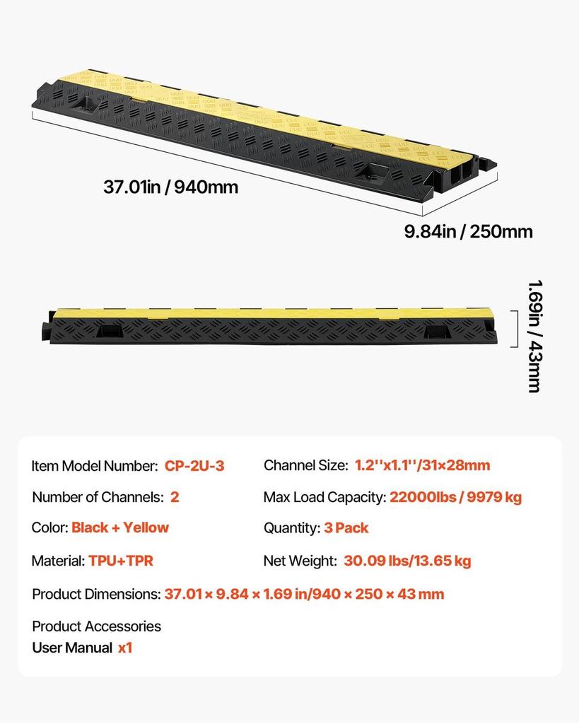 Cable Protector Ramp, 9,979 Kg/axle Capacity, 2 Channel Heavy Duty TPU Cord Hose Wire Cover, 31 X 28 Mm Channel, Traffic Speed Bump with Flip-Open Top