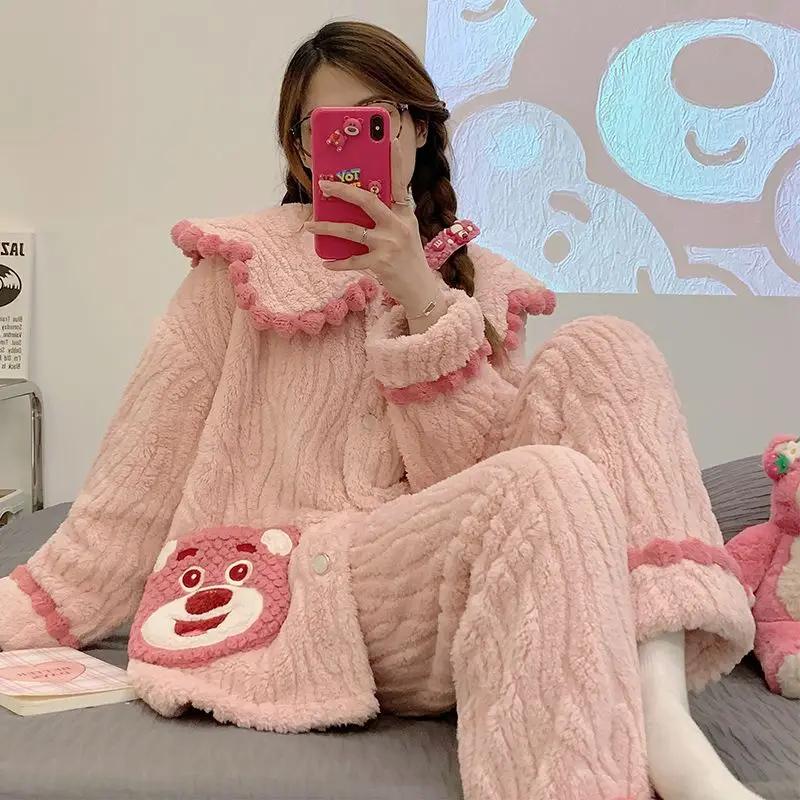 Cartoon Schattige Meisjes Herfst en Winter Koraalfluweel Verdikt Warm Draagbare Huis Kleding Pyjama Set M brown