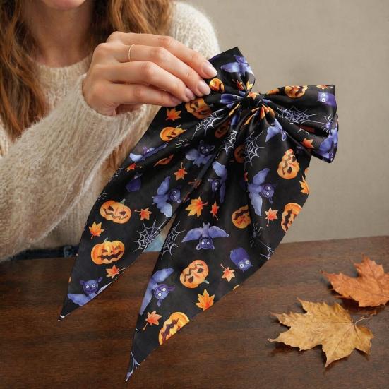 Halloween Decorative Clip Silky Satin Hair Bows for Women, Big Ribbon Bow Clips Girls, Hairstyle Accessory Oversized Long Tail Barrettes,