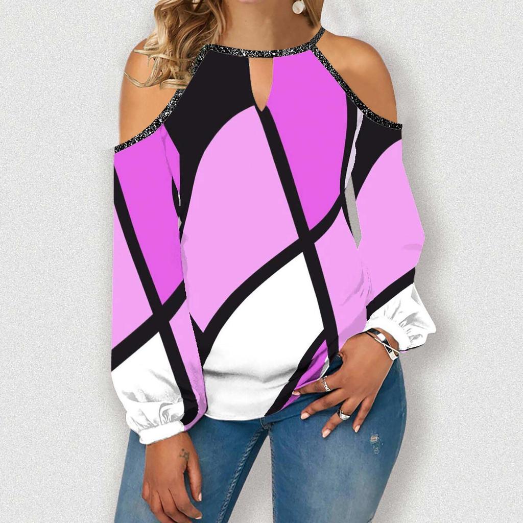 Women's Fashion Casual Temperament Round Neck Off-shoulder Irregular Color Long Sleeve T-shirt Top