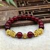 Gold-Plated Retro Pixiu Bracelet with 10mm Red Pomegranate Beads - Wealth Attraction Elastic Design