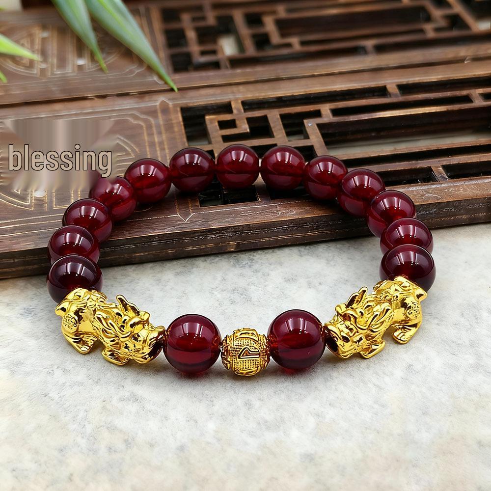 Gold-Plated Retro Pixiu Bracelet with 10mm Red Pomegranate Beads - Wealth Attraction Elastic Design