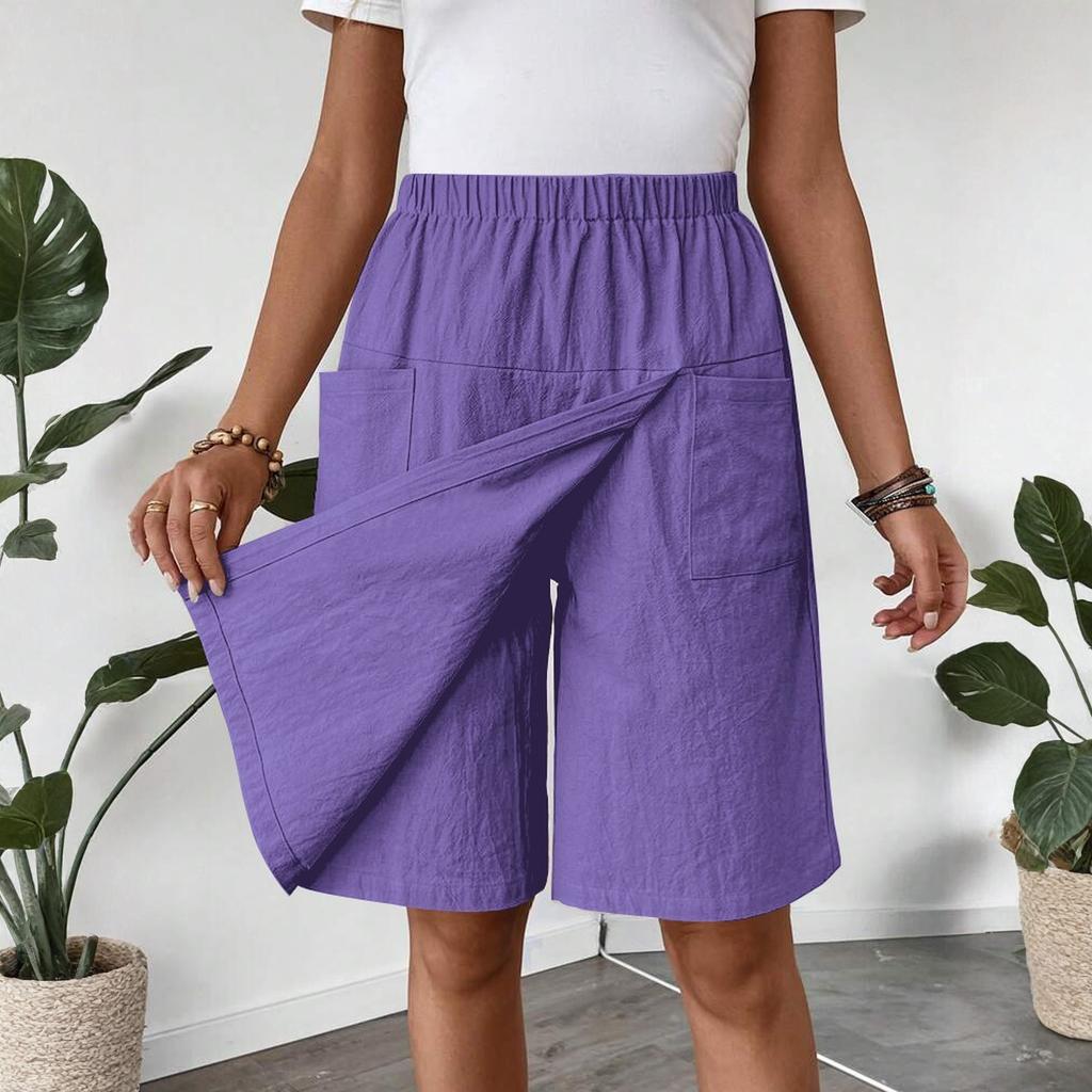 Women's Fashion Pants And Skirts Solid Color Elastic Waist Pocket Casual Shorts