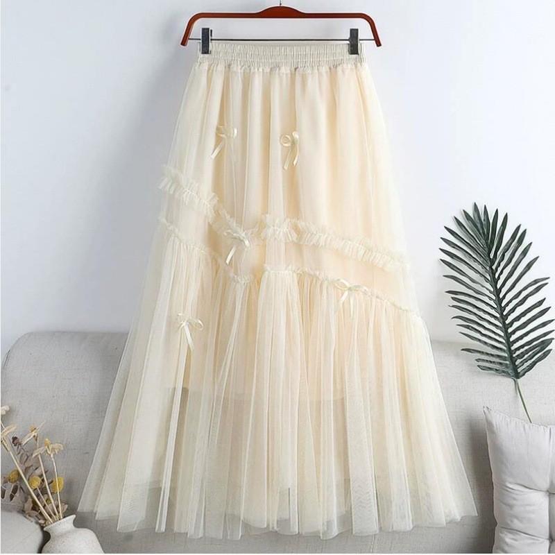 Qooth Sweet Bow Women A Line Tulle Ruffle Skirt Wide Hem Mid Length Elastic Waist Casual Skirt QT2655