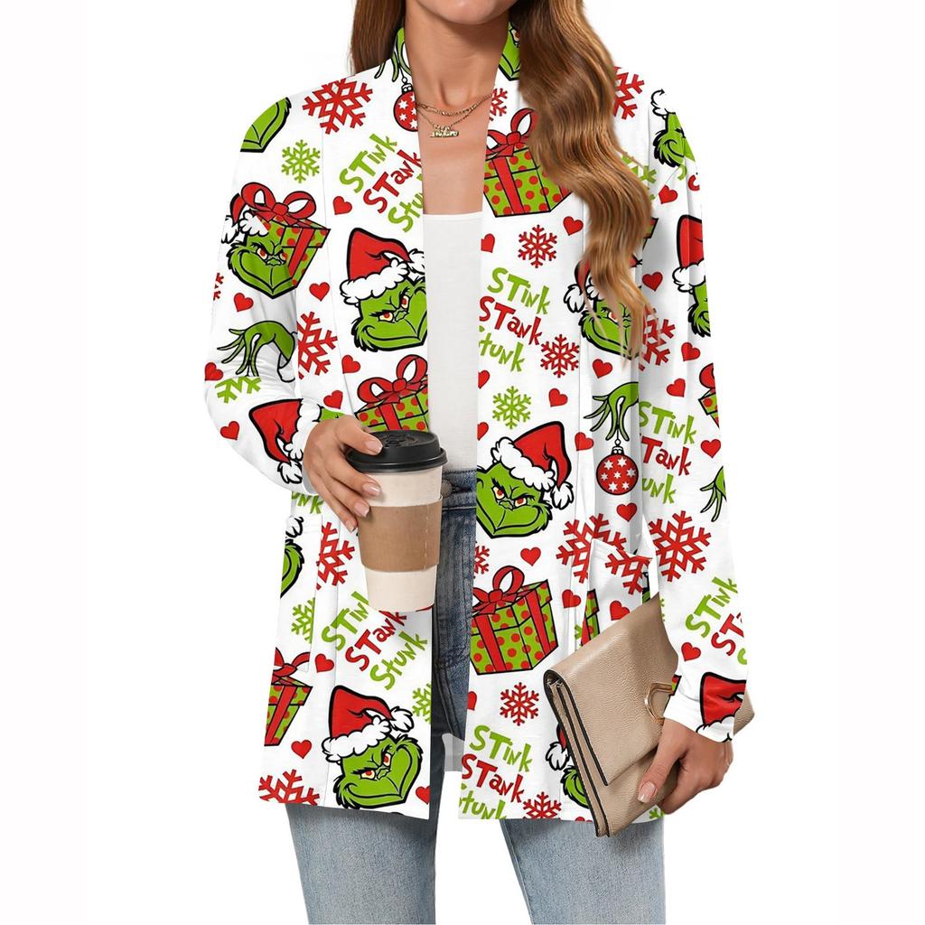 Women's Christmas Printed Lightweight Cardigan Long Sleeved Casual Loose Thin Fit With Pockets Cardigan Jacket