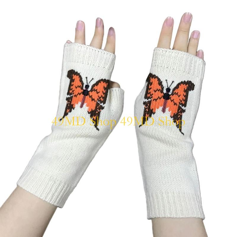 49MD Winter Knitted Gloves Embroidery Butterfly Pattern Women Half-finger Gloves Thicken Outdoor Skiing Gloves Touchscreen