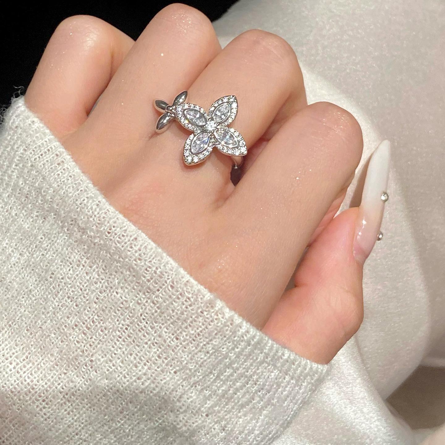 French exquisite zircon flower open ring index finger ring simple personalized jewelry