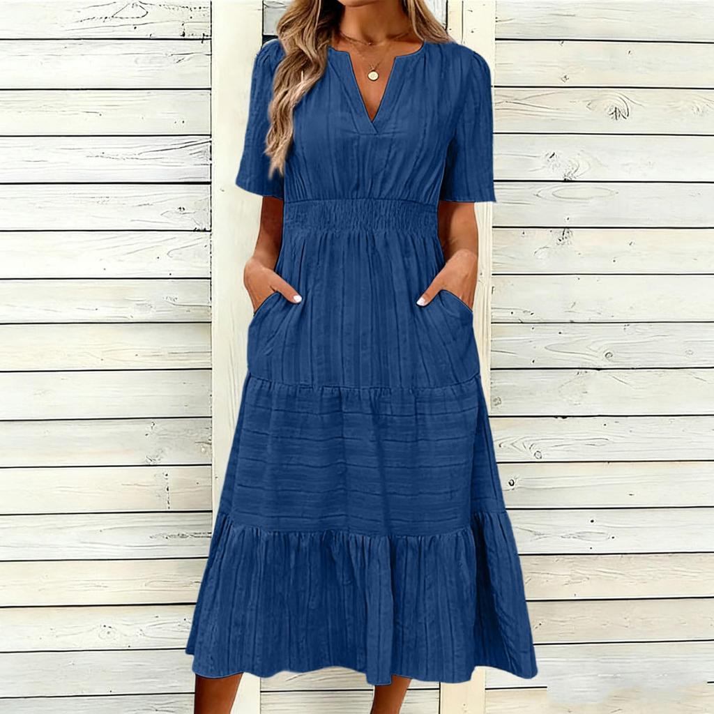 Women's Casual V Neck Dress with Gathered Puff Sleeves and Flared Hem Short Sleeve Midi Dress with Pockets