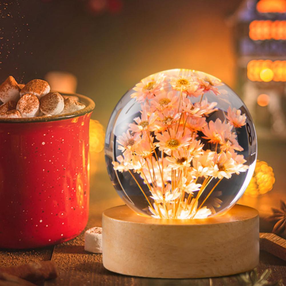 Crystal Ball Night Lights 3D Dandelion Glass Ball Wooden Base Atmosphere Lamp Table Lamp Tabletop Decorations Christmas