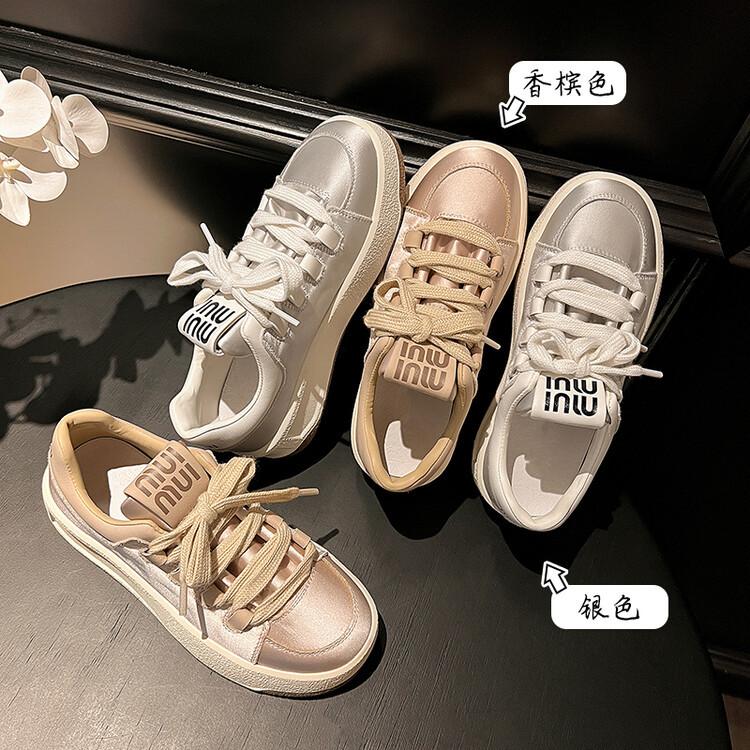 Lightning hair~ 2025 spring satin lace-up casual shoes 4.5cm thick baseplate shoes round head lace-up white shoes