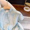 Summer Zen New Button-down Collar Top Blue Jacquard Short-sleeved Shirt Women's Summer