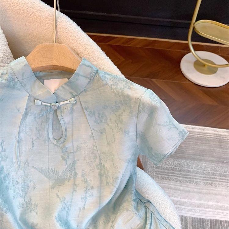 Summer Zen New Button-down Collar Top Blue Jacquard Short-sleeved Shirt Women's Summer