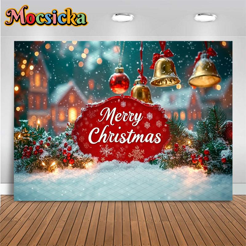 Mocsicka Merry Christmas Background Photography House Small Bell Snowflake Xmas Tree Decorations Party Backdrop Photocall Banner
