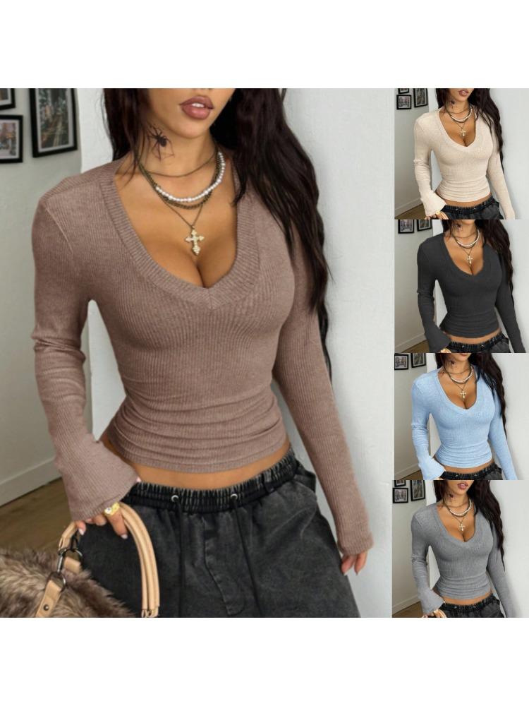 Women S Ribbed Knit V Neck Blouse Slim Fit Long Sleeve Top Fashion Elegant Casual Crop Sweater Autumn Winter Simple Knitwear Sweaters