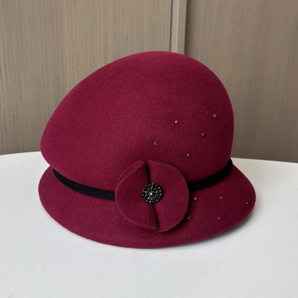 Ladies Autumn And Winter Woolen Woolen Pot Hat Elegant Flower British Retro Styling Felt Top Hat Fashionable Warm Bucket Hat