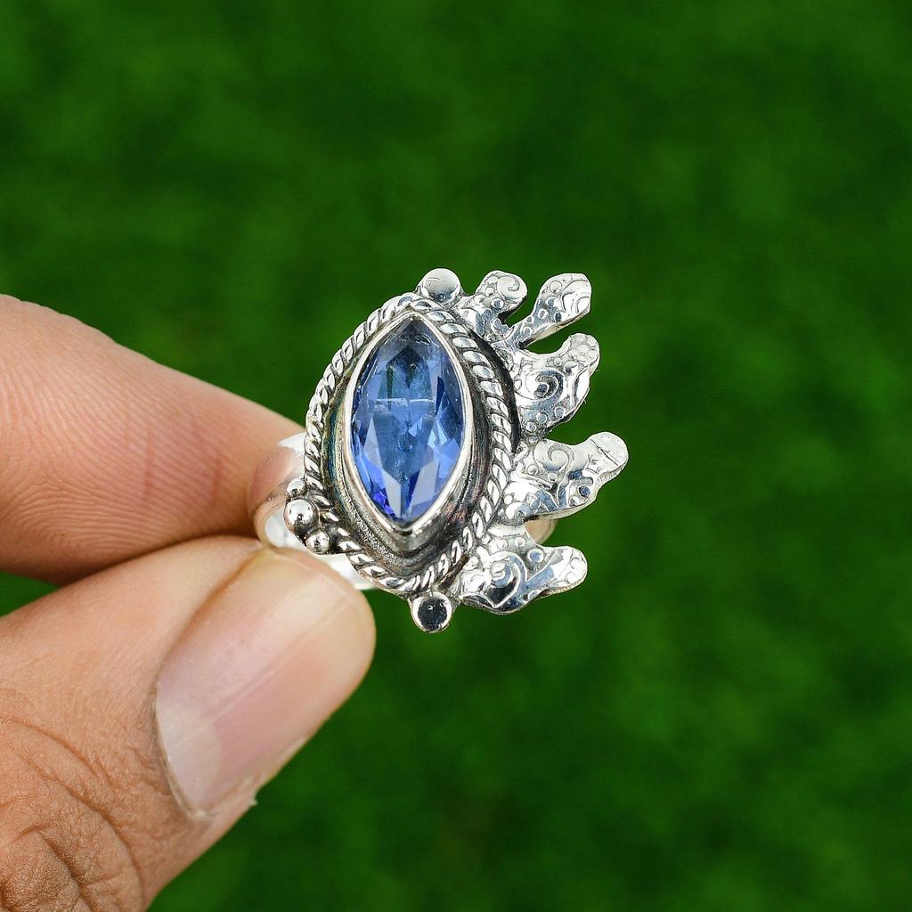Natural Tanzanite Quartz Gemstone 925 Silver Promise Adjustable Ring For Girls