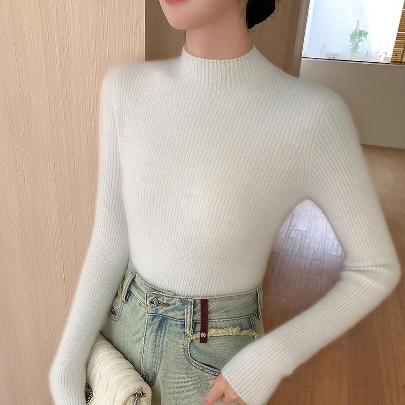 Women's Angora Red Slim-Fit Cashmere Sweater: New Autumn/Winter Style, Thickened Half-High Collar.