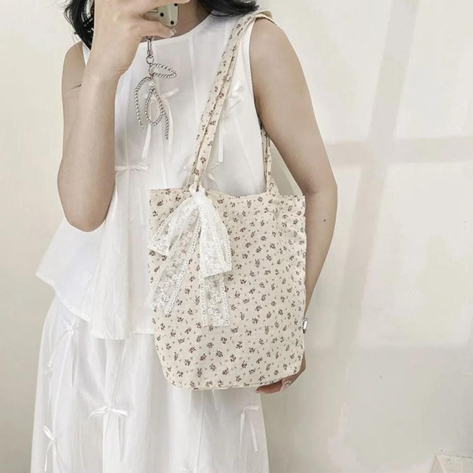 French Style Bow Lace Ribbons Bag Commute Women's Tote Bag Ins Flower Shoulder Bag Girls