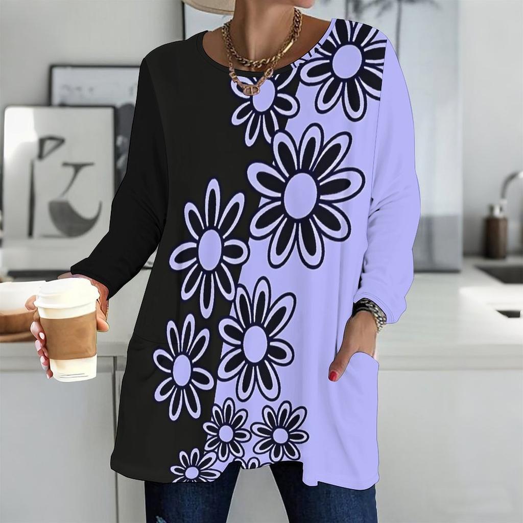 Ladies Plus Size Crew Neck Long Sleeve Tunic Soft Oversized Tops For Household And Casual Outdoor Wear