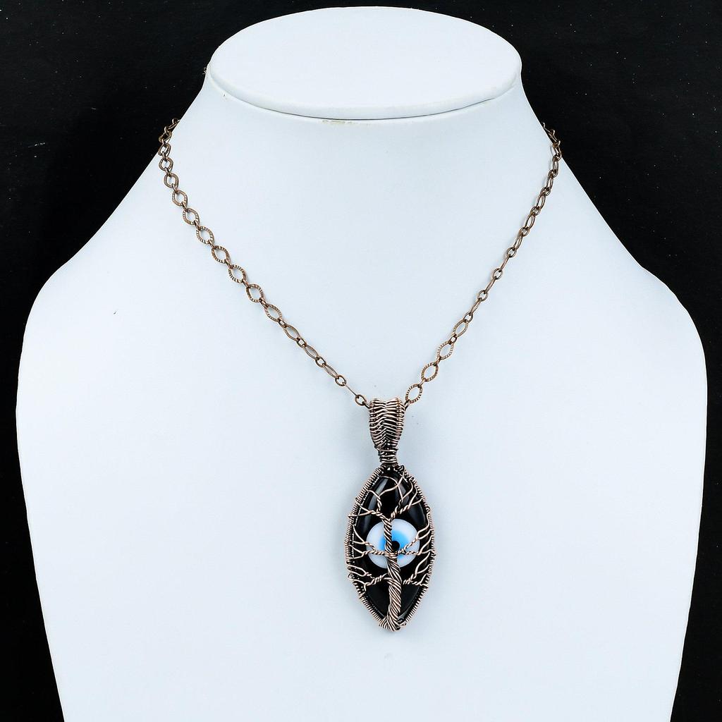 Tree Of Life Black Color Evil Eye Pendant Copper Wire Wrapped Jewelry Gemstone Pendant Copper Wire Pendant Anniversary Gift Handmade Pendant