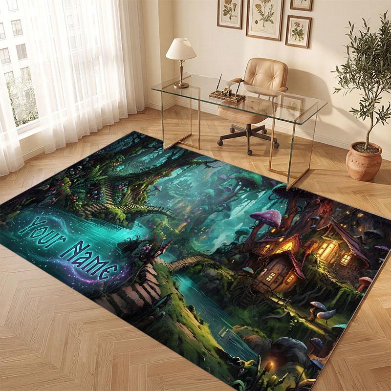 Mushroom Forest Theme Crystal Velvet Floor Rug Personalized Custom Name Text Warm Carpet Home Decoration