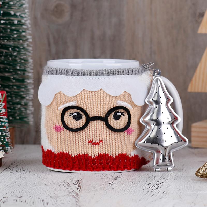 Christmas Ceramic Mug with Knitted Santa Sleeve & Tree Tea Infuser Festive Tea Cup Set Xmas Gift for Tea Enthusiasts
