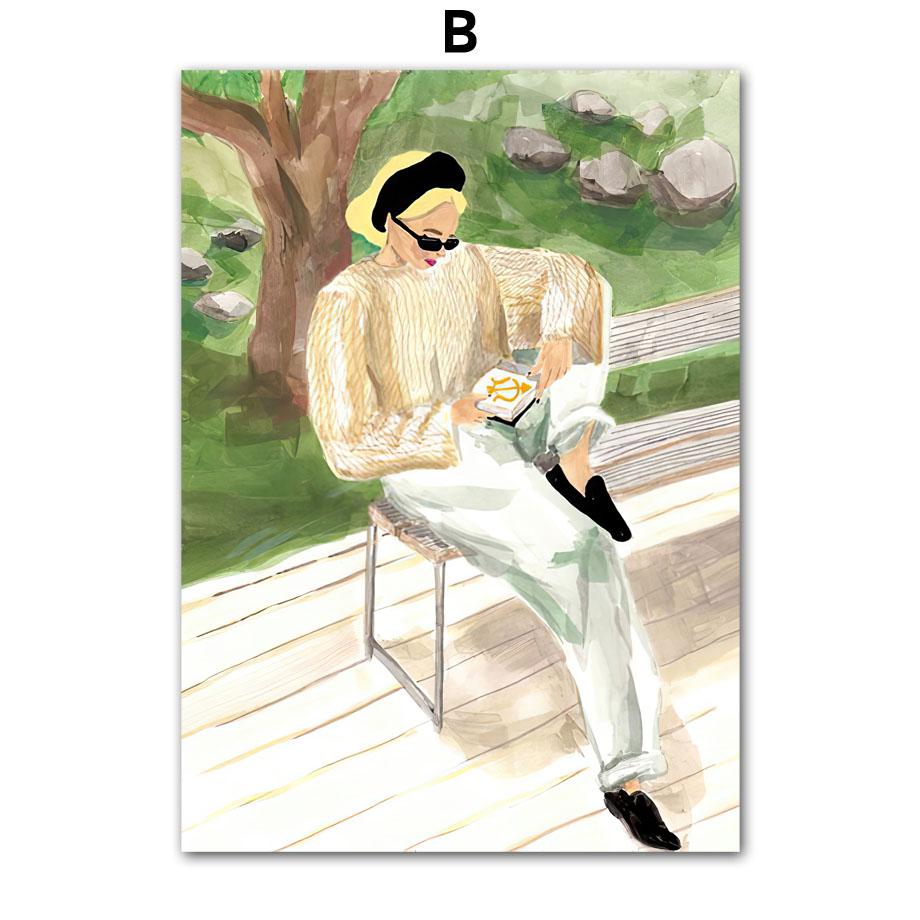 Reise Landschaft Wandkunst Kaffee Frau Lesen Pool Blatt Leinwand Malerei Poster Drucke Bilder Für Wohnen Innenraum Zimmer Dekor