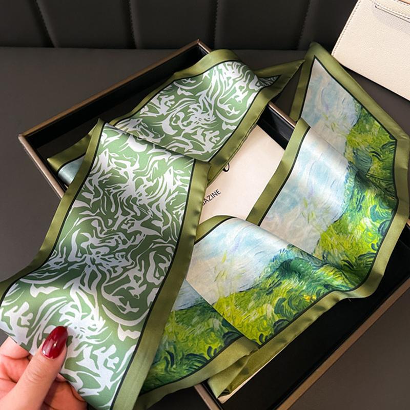 Green Woman Skinny Silk Scarf 147x14cm Long Hair Strip Silk Ribbon Small Neck Scarves Bag Handle Ribbon Kerchief Ladies Tie