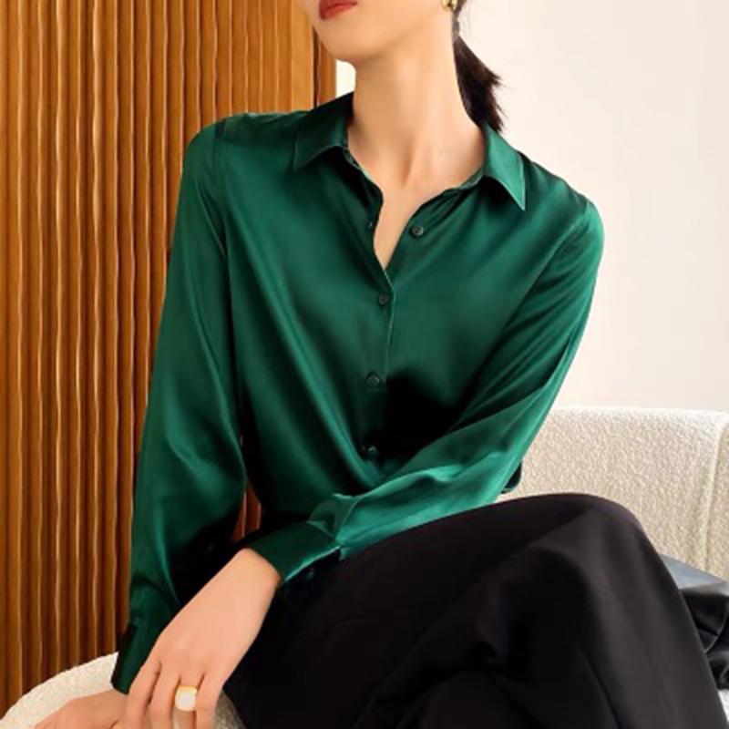 Mote Uformelt kontor Dame satengskjorte Løse lange ermede topper Solid Plus Size Damebluser Elegant Button Up Vintage Enkle Dameskjorter 25678
