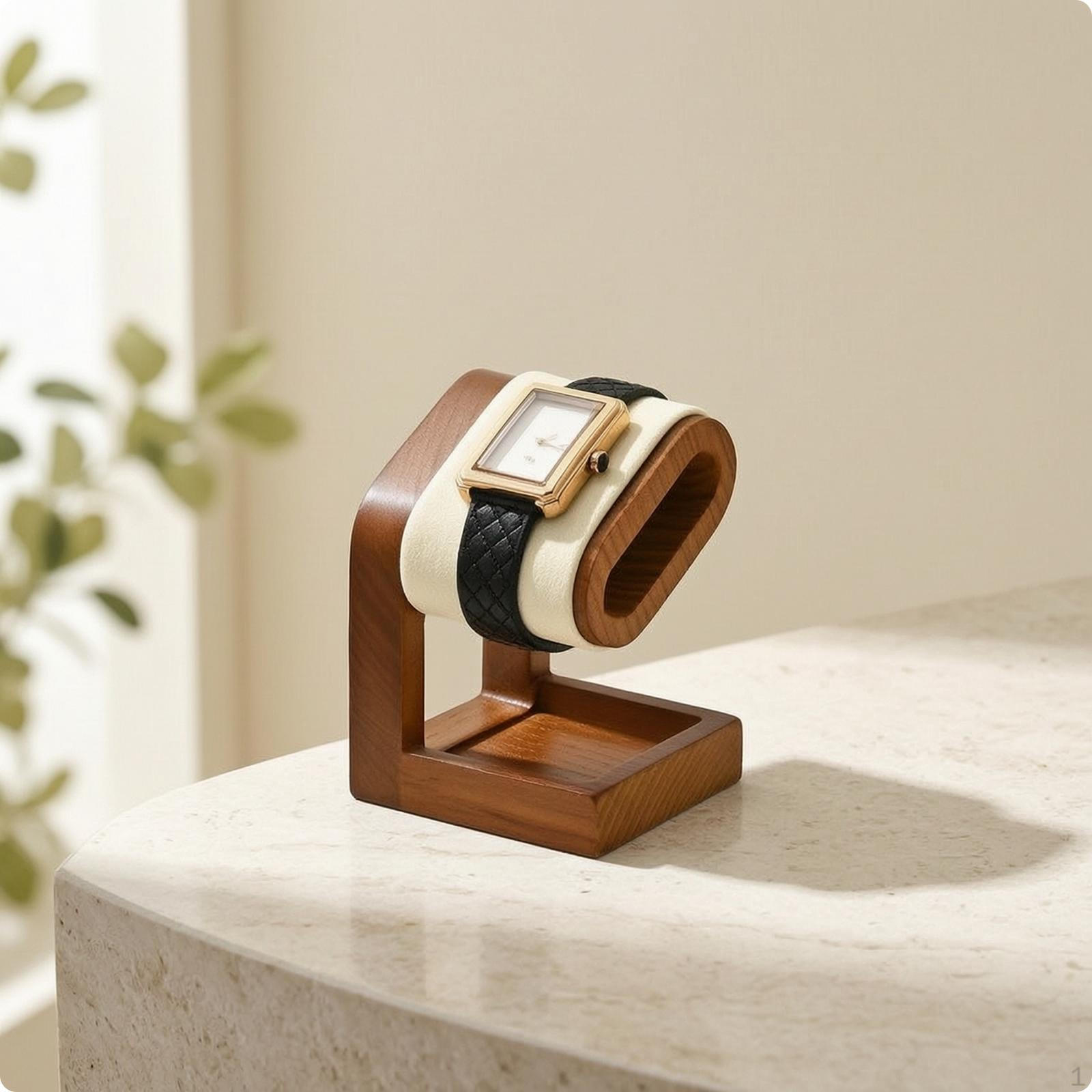 Watch Display Stand with Wooden Base Padded Holder OpenFrame for Collectors, Beige Hollow Stand-sm23501