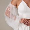 Detachable Tulle Puff Sleeve Cuffs, Sheer Off Shoulder Lantern Sleeves with Pearl Beads, Wedding Evening Dress Arm Cover Accessories