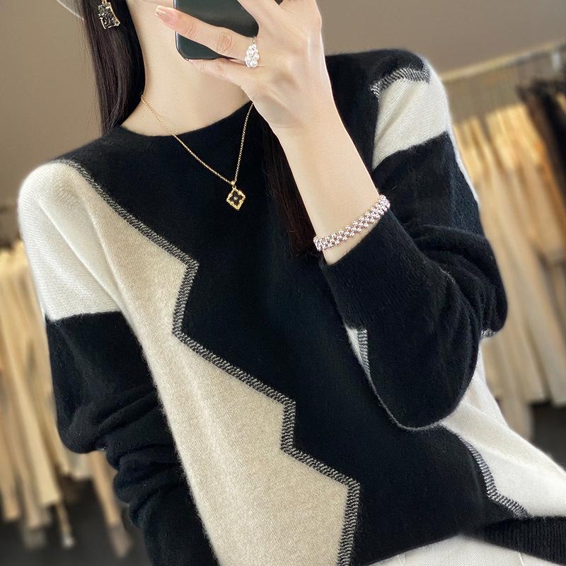 Women's Intarsia Color Block Pure Wool Sweater - Long Sleeve Half-High Neck Pullover