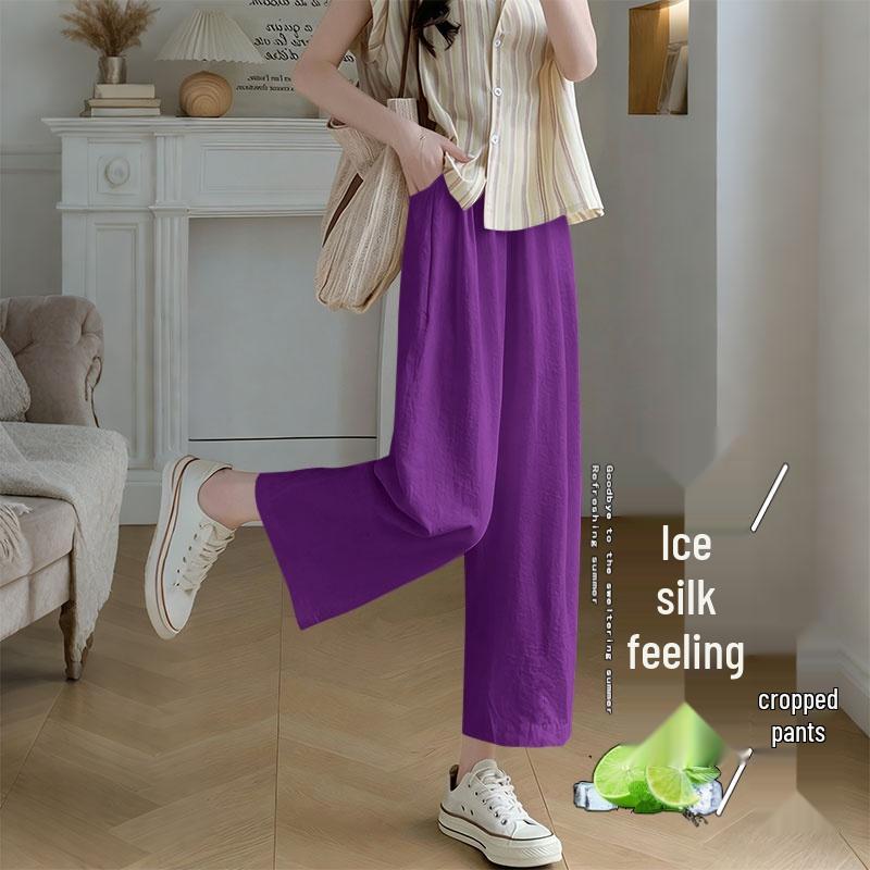 Plus Size Ice Silk Wide Leg Cropped Pants - Trendy Korean Style for Spring & Summer