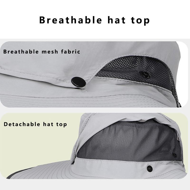 Mens Quick-Dry Fishing Bucket Hat with Detachable Neck Flap and Face Shield Large Brim Summer Sun Cap Removable Hat Top
