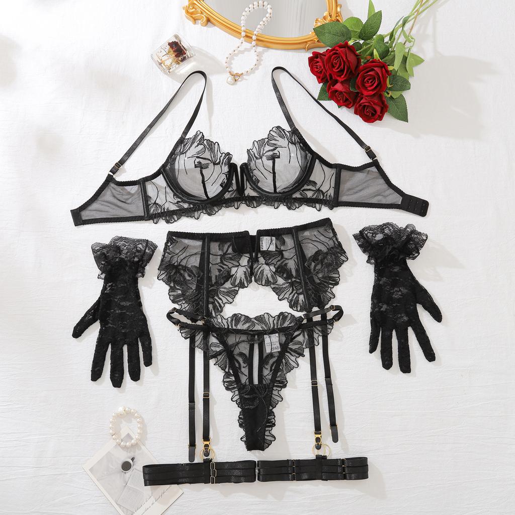 Sexy Lace Exotic Lingerie Sets Women'S 5 Piece See Through Mesh Floral Bra Garter Set With Gloves Exquisite Sensual Underwear