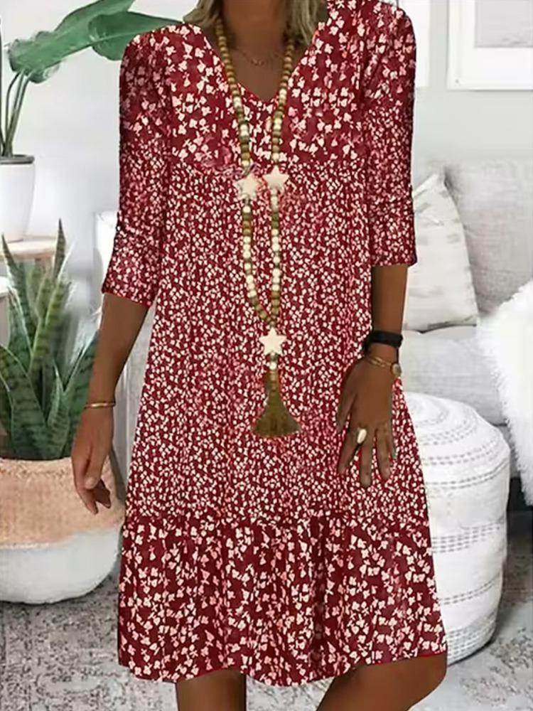 Bedrucktes Midi-Kleid Damen Sommer V-Ausschnitt Mode Neu Halbarm